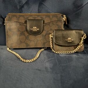 Coach Brown and Black Poppy Crossbody With Card Case In Signature Canvas
